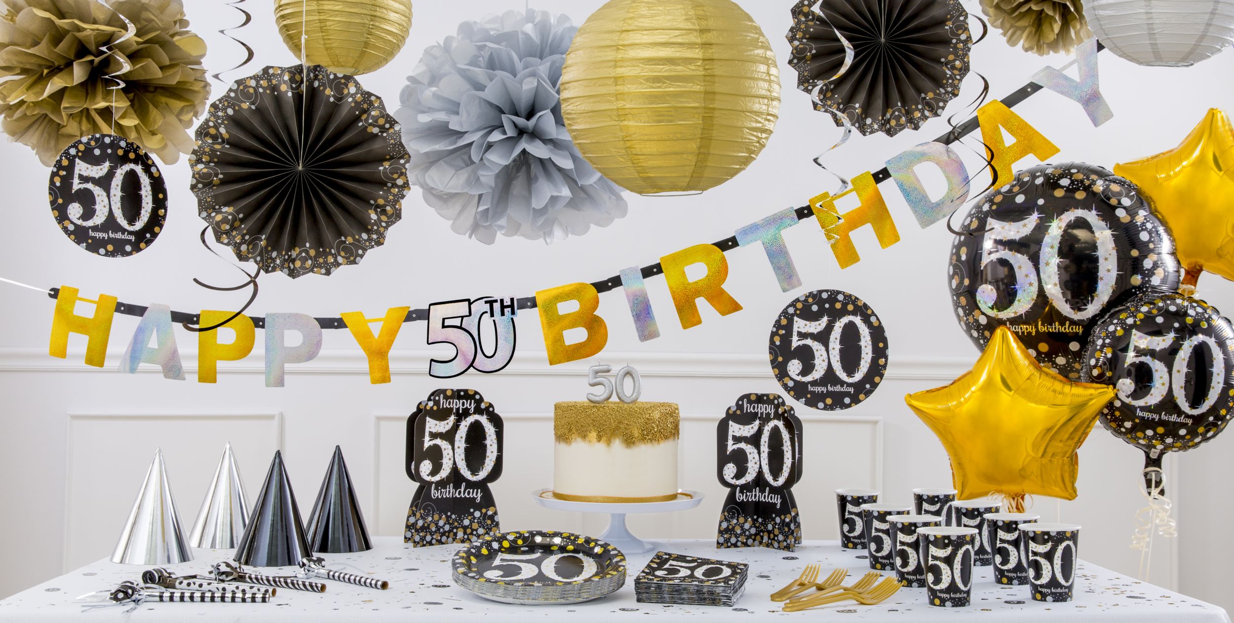 Sparkling Celebration "Happy Birthday 50" Round Paper Disposable Lunch Plates, Black/Gold/Silver, 9-in, 8-pk, for Milestine Birthday Composite_or_Mixed