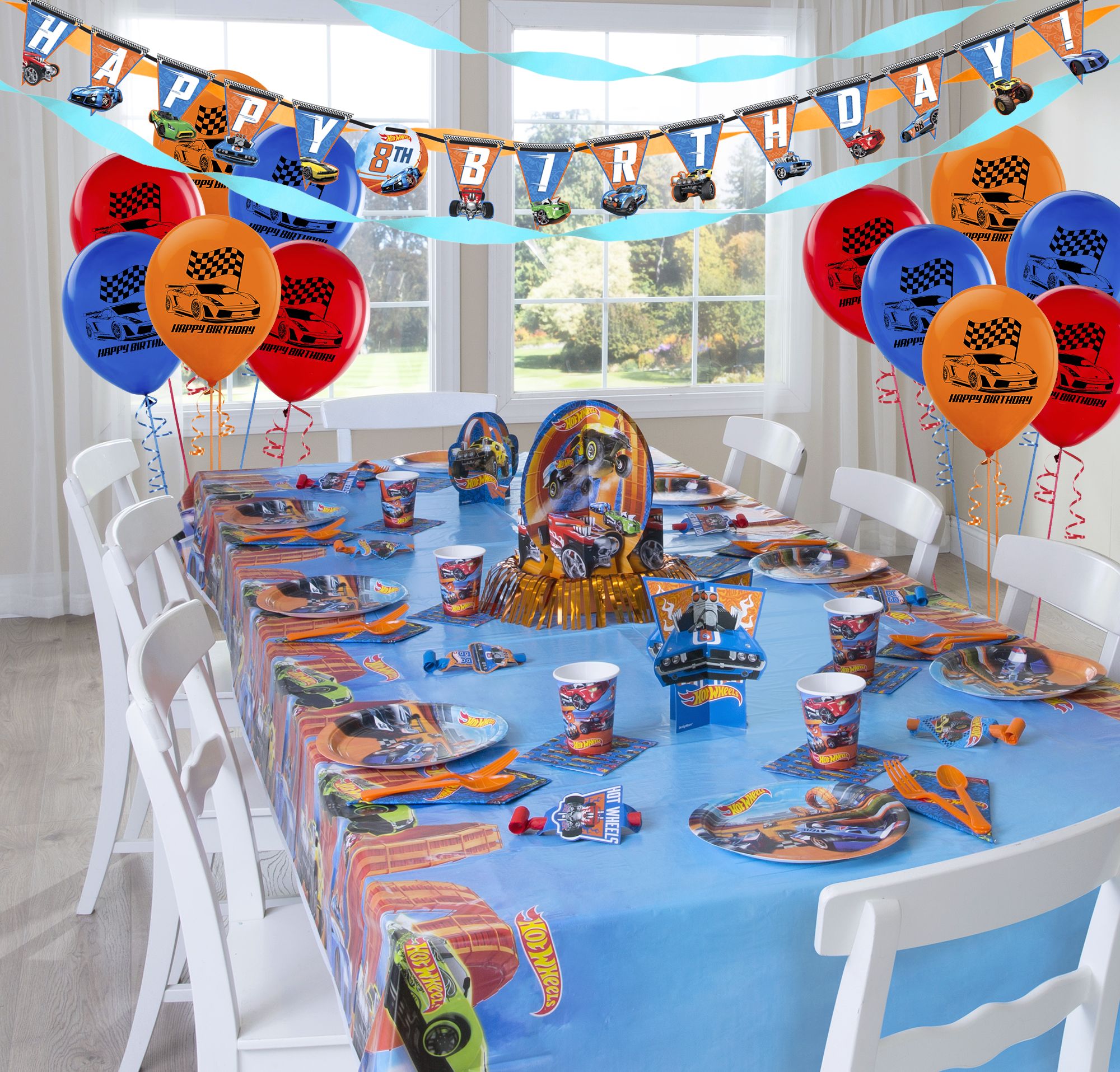 Hot Wheels Round Paper Disposable Lunch Plates, Orange/Blue, 9-in, 8-pk, for Birthday Party Composite_or_Mixed
