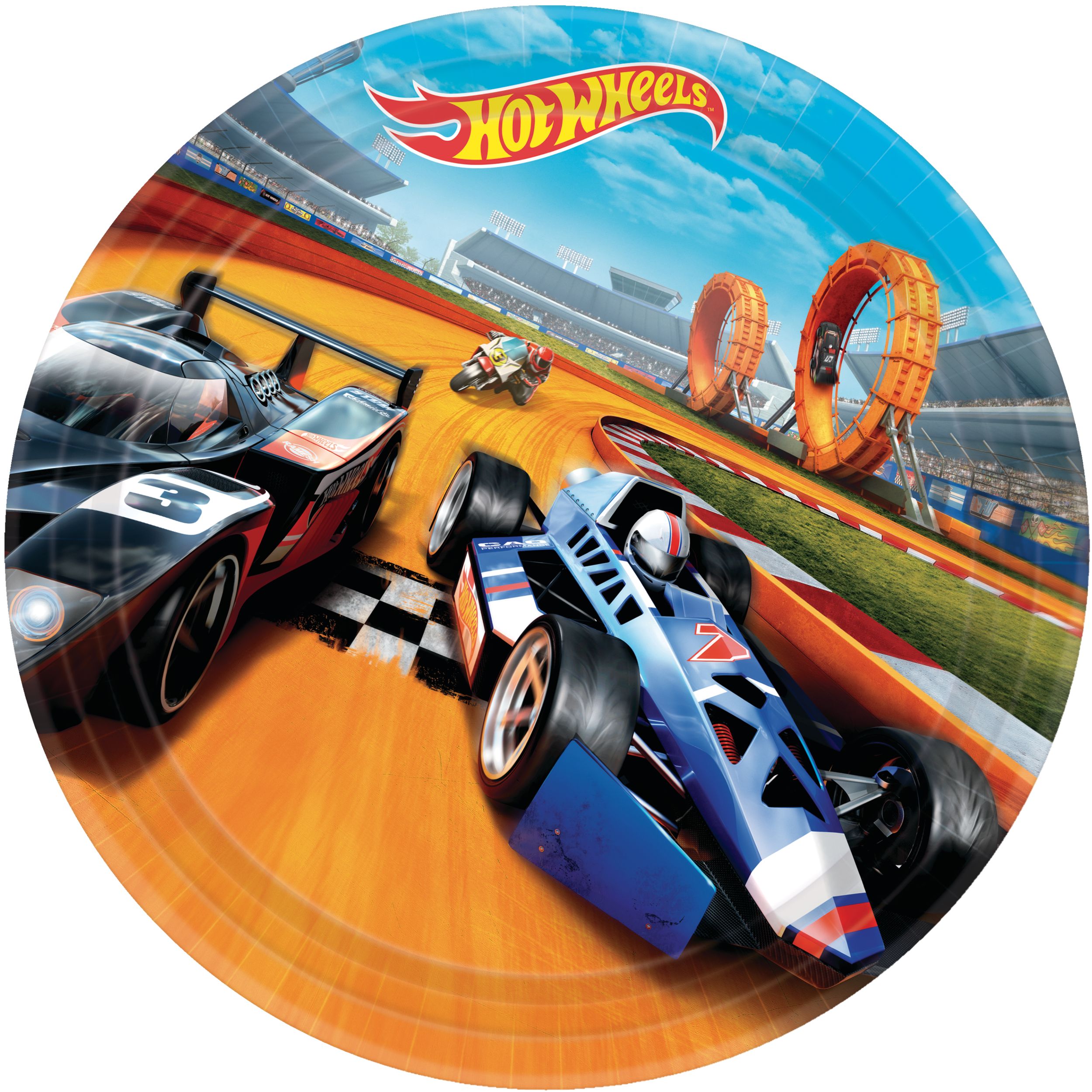 Hot Wheels Round Paper Disposable Lunch Plates, Orange/Blue, 9-in, 8-pk, for Birthday Party Overhead_Flat
