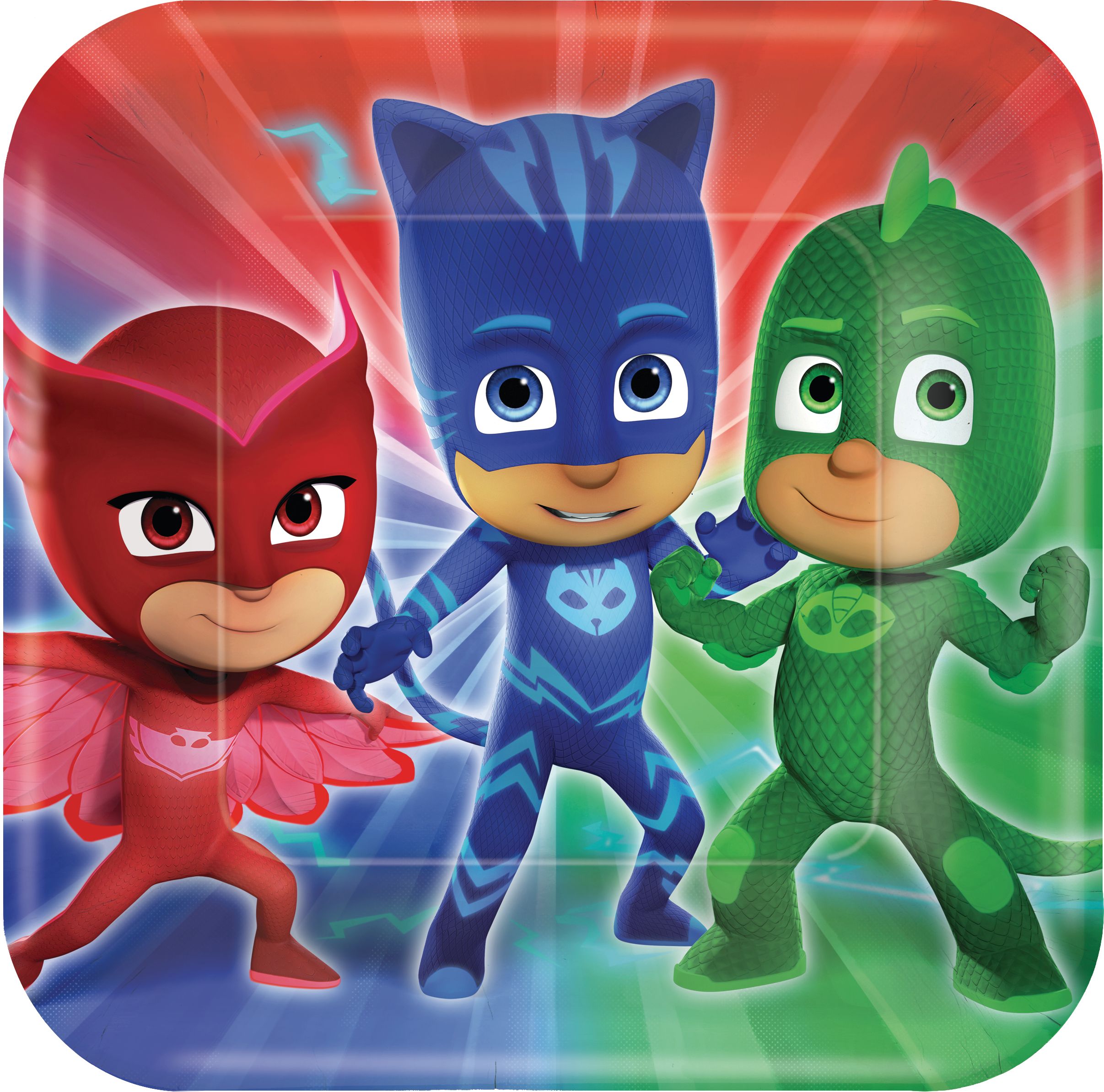 PJ Masks Catboy/Owlette/Gekko Square Paper Disposable Lunch Plates,Red/Blue/Green, 9-in, 8-pk, for Birthday Party Overhead_Flat