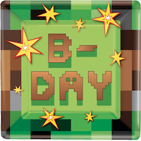 Pixel Party "B-Day" Square Paper Disposable Lunch Plates,Green/Brown, Pixelated, 9-in, 8-pk, for Birthday Party Overhead_Flat