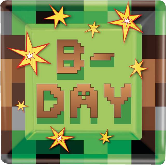 Pixel Party "B-Day" Square Paper Disposable Lunch Plates,Green/Brown, Pixelated, 9-in, 8-pk, for Birthday Party Overhead_Flat