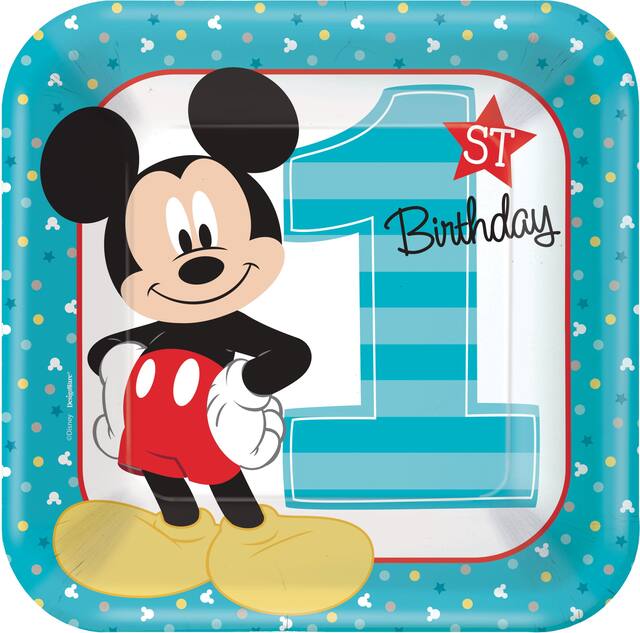 Disney Mickey Mouse Milestone 1st Birthday Square Lunch Plates, 9-in, 8-pk Front_Flat