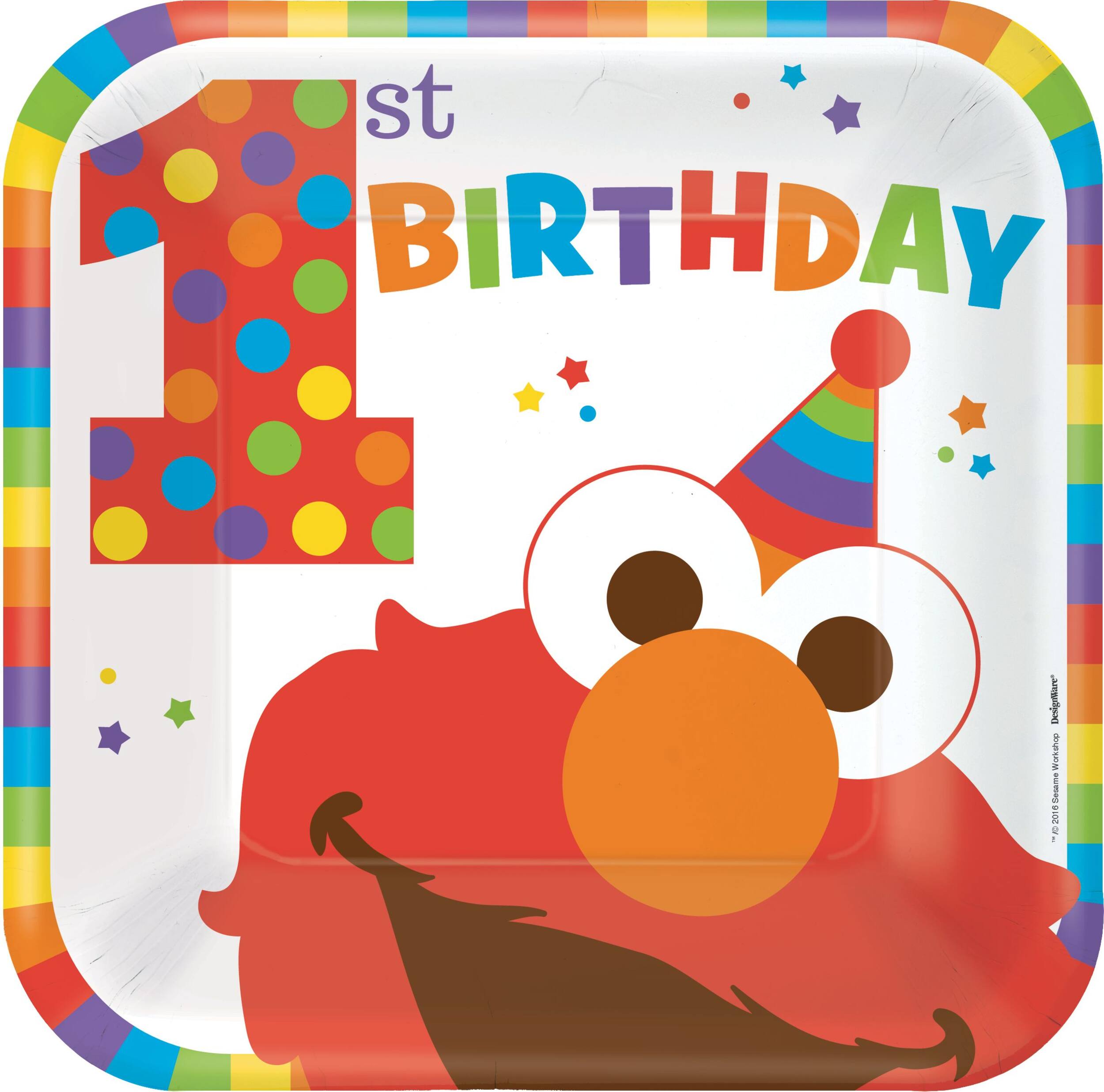 Sesame Street Elmo 1st Birthday Party Square Lunch Plates, 8-pk Overhead_Flat