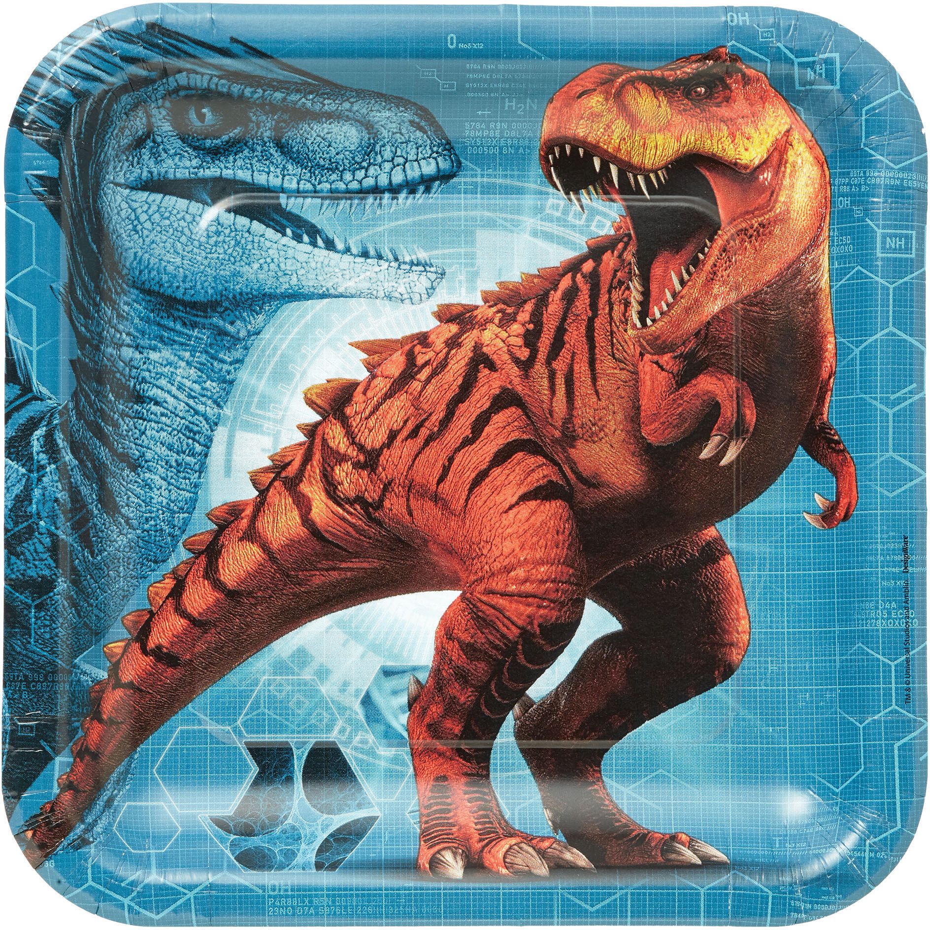 Jurassic World Dinosaur Square Paper Disposable Lunch Plates,Blue/Orange, 9-in, 8-pk, for Birthday Party Overhead_Flat