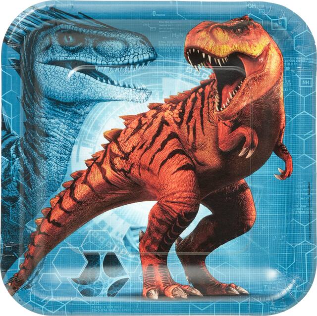 Jurassic World Dinosaur Square Paper Disposable Lunch Plates,Blue/Orange, 9-in, 8-pk, for Birthday Party Overhead_Flat