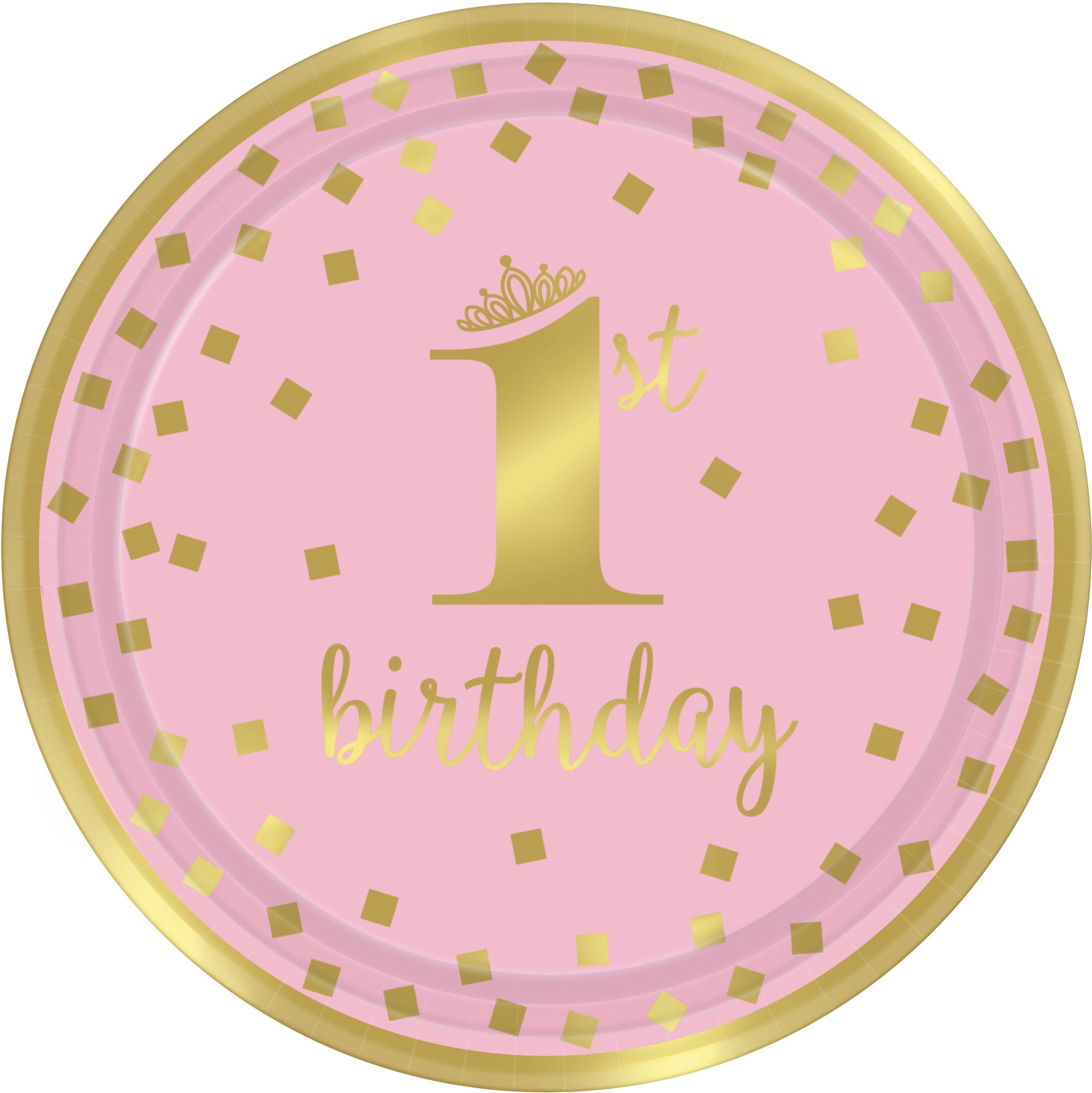 "1st Birthday" Round Paper Disposable Lunch Plates,Pink/Gold, 9-in, 8-pk, for Birthday Party Overhead_Flat