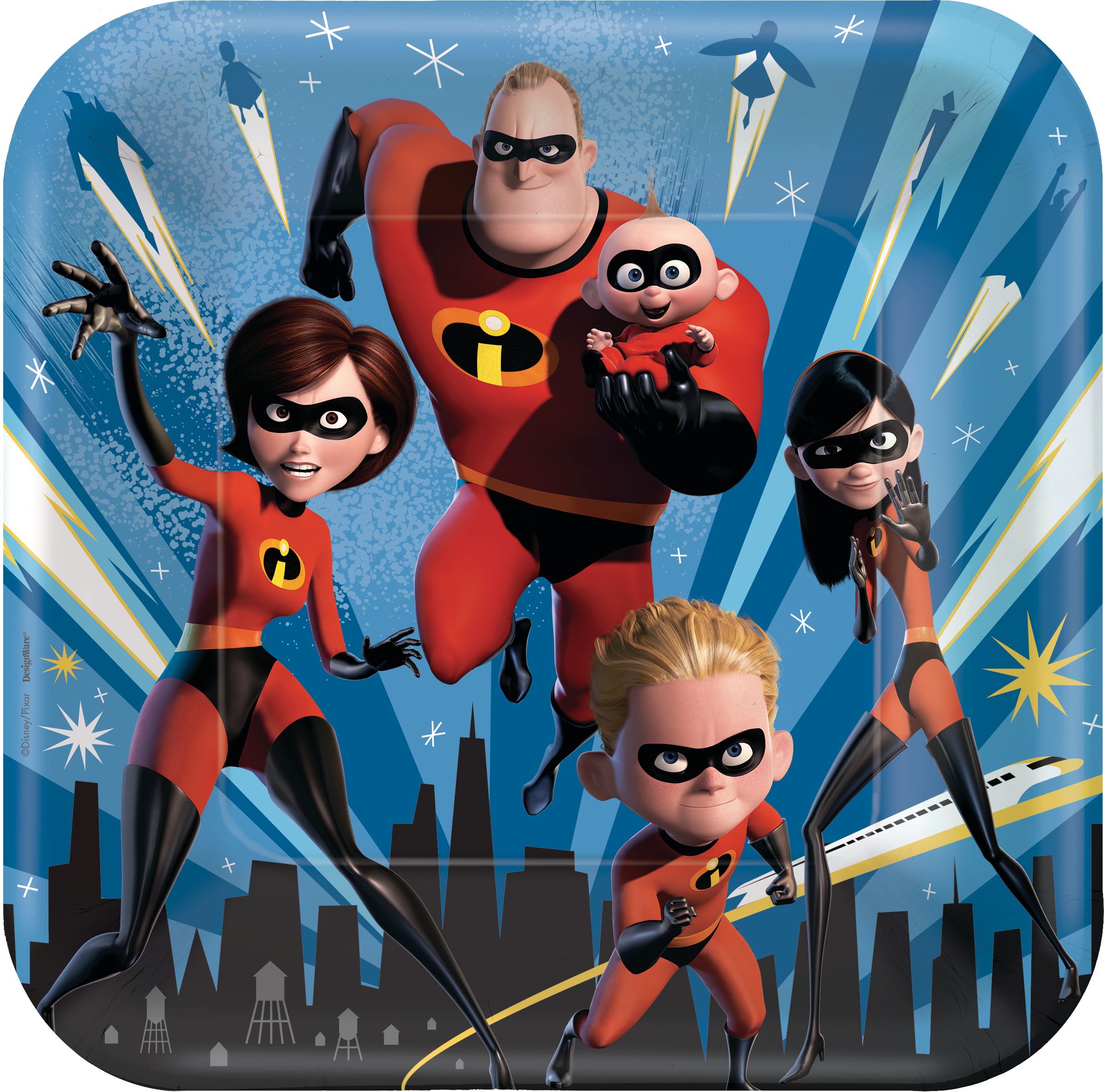 Disney Incredibles 2 Square Disposable Birthday Party Lunch Plates, 9-in, 8-pk Overhead_Flat