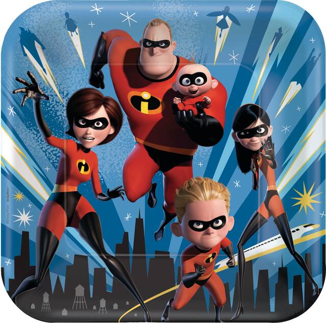 Disney Incredibles 2 Square Disposable Birthday Party Lunch Plates, 9-in, 8-pk Overhead_Flat