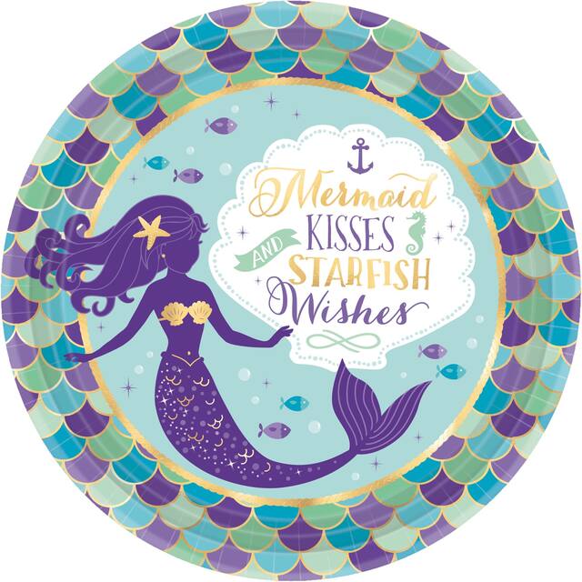 Wishful Mermaid "Mermaid Kisses And Starfish Wishes" Lunch Paper Plates, 9-in, 8-pk Overhead_Flat