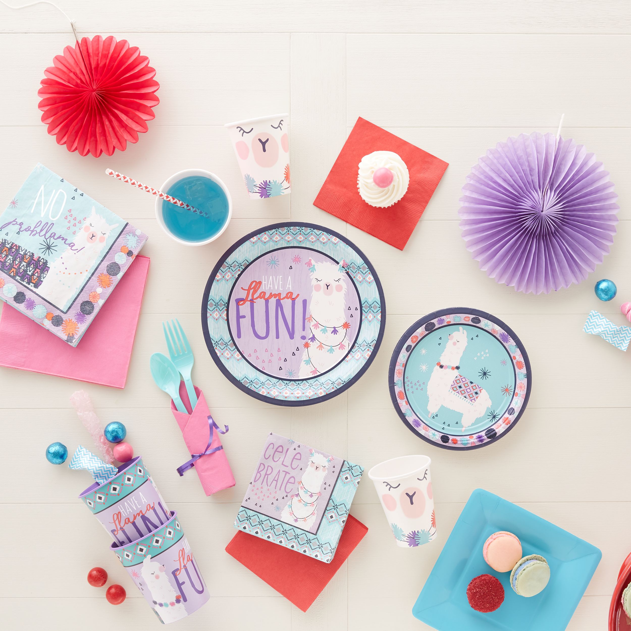 Llama Fun "Have a Llama Fun" Round Paper Disposable Lunch Plates,Blue/Purple, 9-in, 8-pk, for Birthday Party Composite_or_Mixed