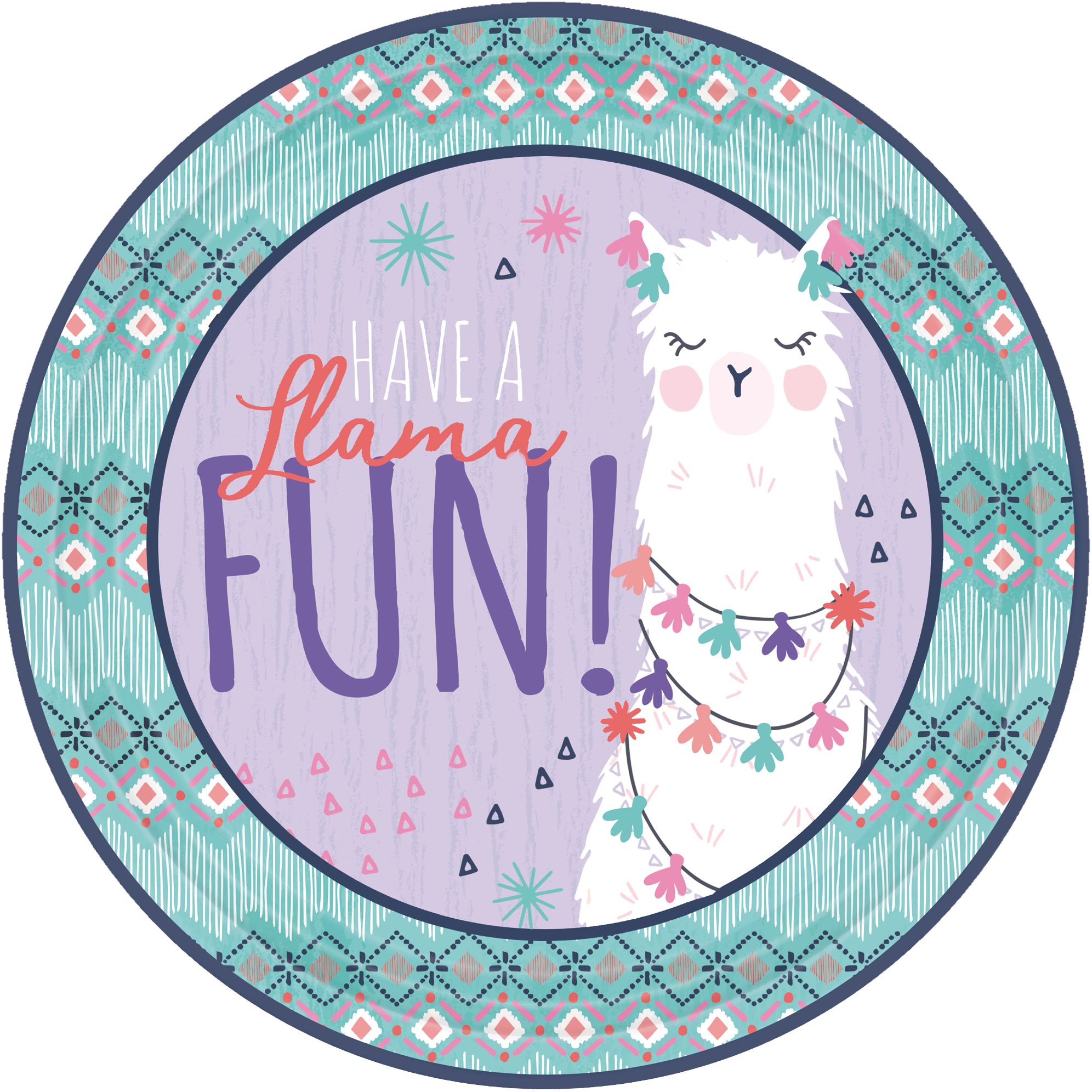 Llama Fun "Have a Llama Fun" Round Paper Disposable Lunch Plates,Blue/Purple, 9-in, 8-pk, for Birthday Party Overhead_Flat