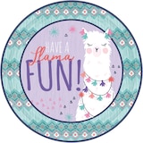 Llama Fun "Have a Llama Fun" Round Paper Disposable Lunch Plates,Blue/Purple, 9-in, 8-pk, for Birthday Party Overhead_Flat