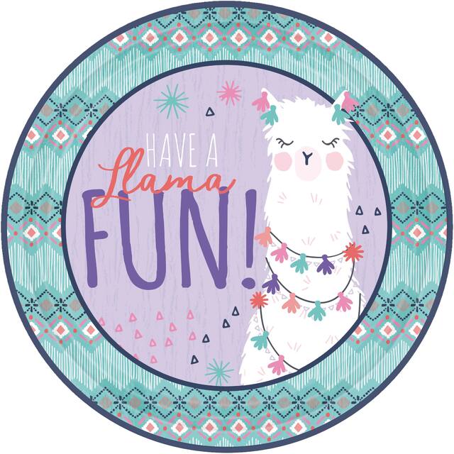 Llama Fun "Have a Llama Fun" Round Paper Disposable Lunch Plates,Blue/Purple, 9-in, 8-pk, for Birthday Party Overhead_Flat