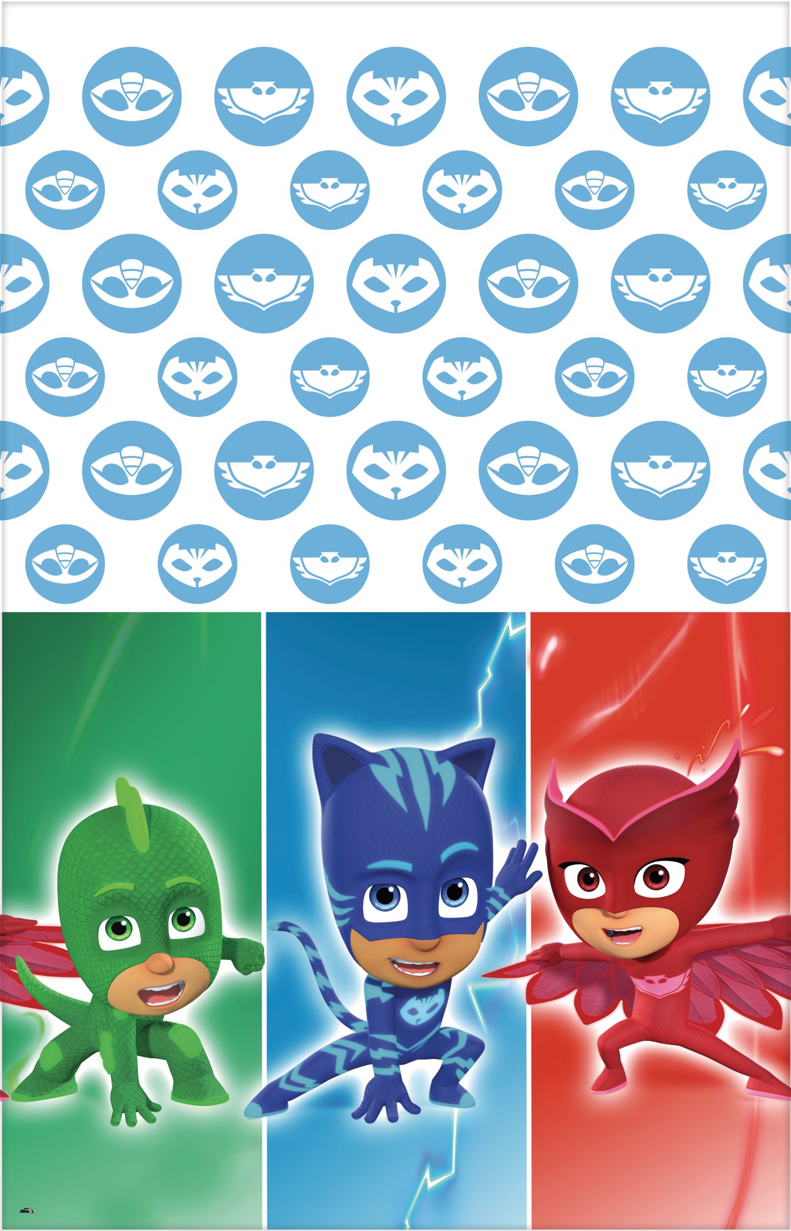 PJ Masks Catboy/Owlette/Gekko Rectangle Plastic Reusable Table Cover, Blue/Green/Red, 54x96-in, for Birthday Party Overhead_Flat
