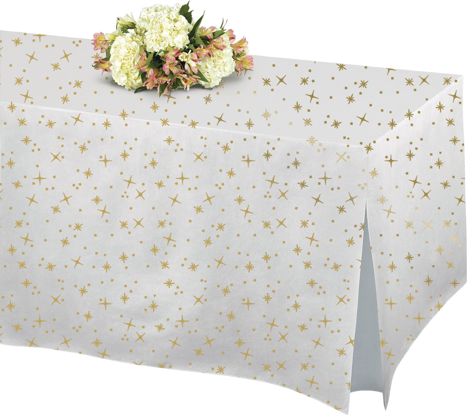 Rectangle Flannel-Backed Vinyl Reusable Table Cover, White/Gold, 27x72-in, for Summer Party/Birthday/Baby Shower/Wedding Front_Angled_Left
