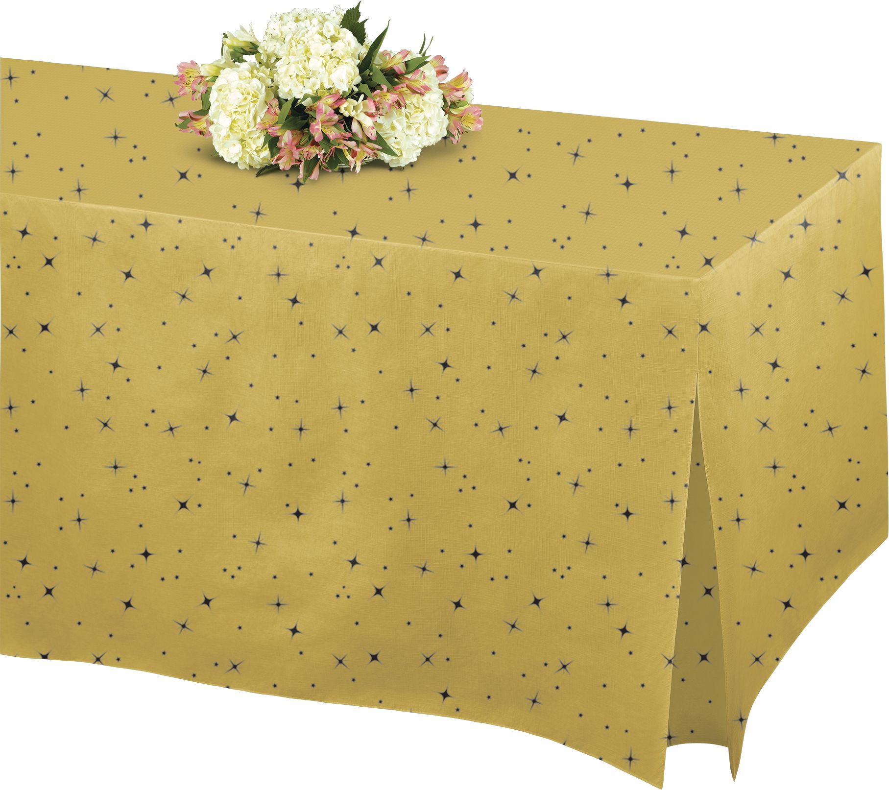 Rectangle Flannel-Backed Vinyl Reusable Table Cover, White/Gold, 27x72-in, for Summer Party/Birthday/Baby Shower/Wedding Front_Angled_Left