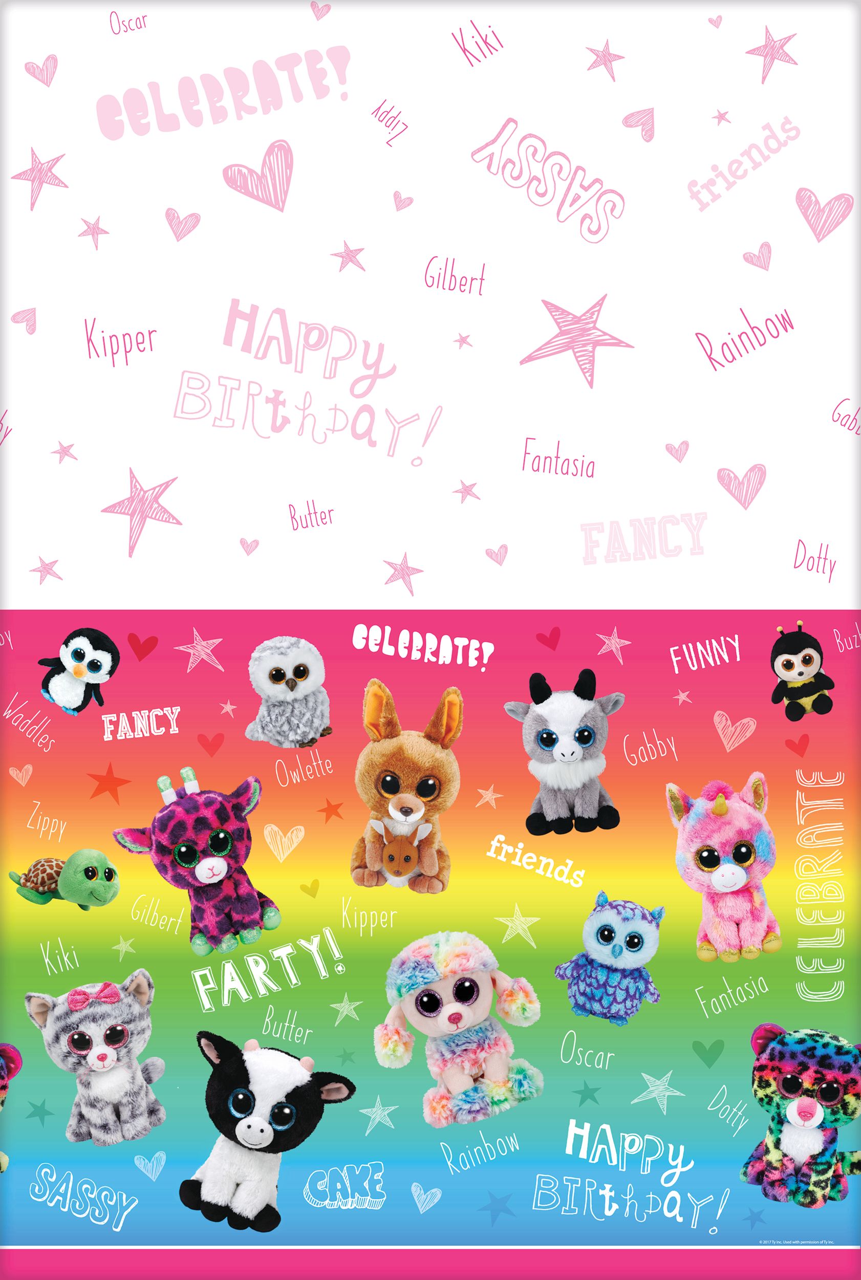 Beanie Boo's Birthday Party Plastic Table Cover, 54-in x 96-in Overhead_Flat
