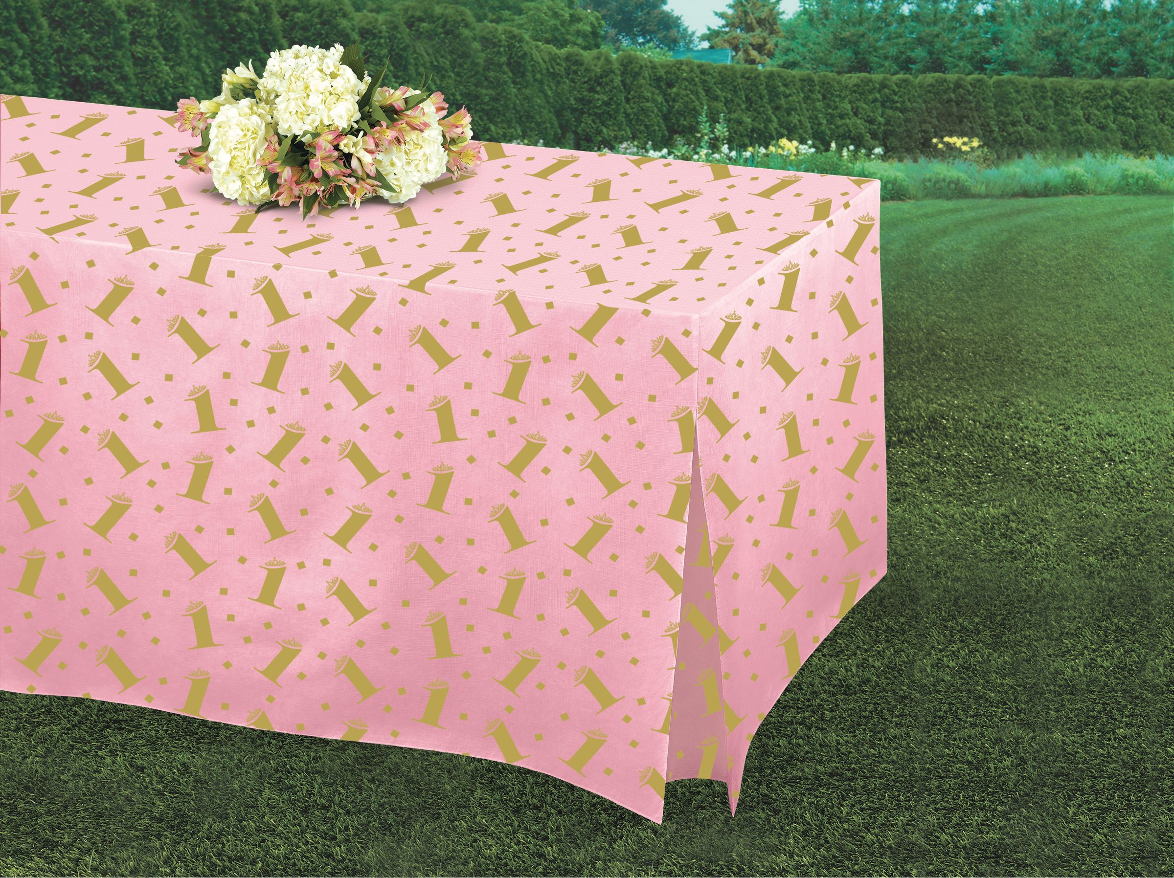 Nappe pour fête d'anniversaire ajustée en vinyle à envers en flanelle 1er anniversaire avec motif de confettis, rose/or CloseUp