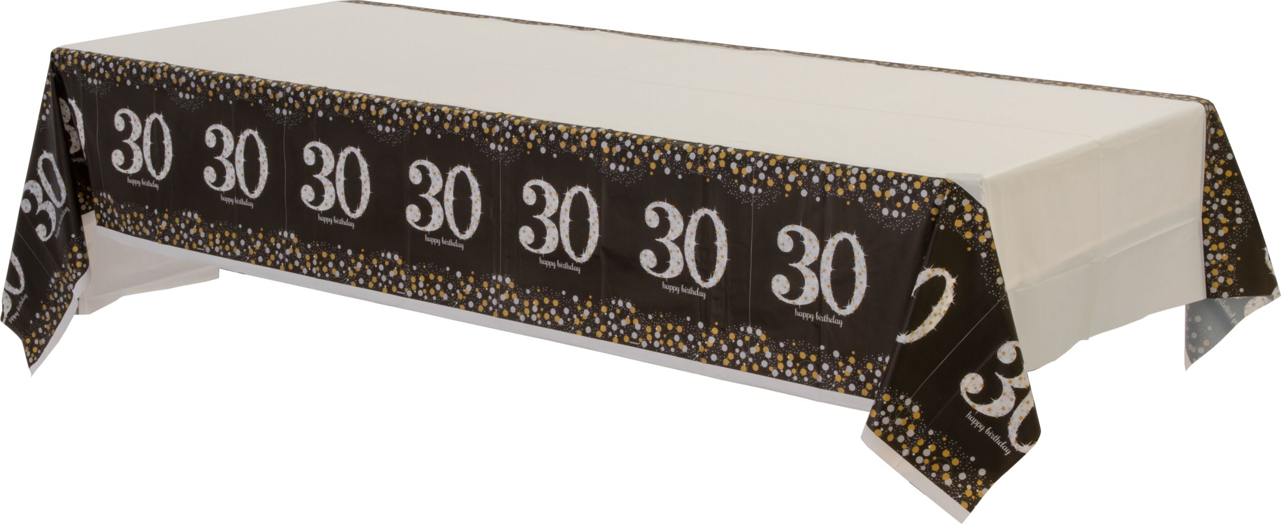 Sparkling Celebration "Happy Birthday 30" Rectangle Plastic Reusable Table Cover, Black/White/Gold, 54x102-in, for Milestone Birthday Front_Angled_Left