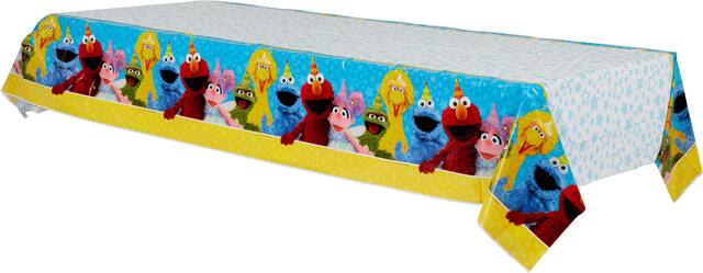 Sesame Street Plastic Reusable Table Cover for Indoor and Outdoor Use, 54-in x 96-in Front_Angled_Left