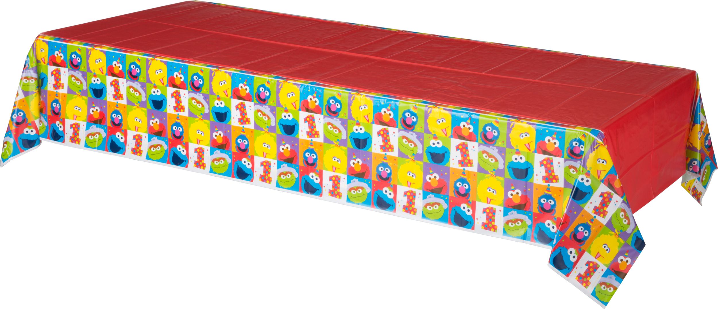 Sesame Street Elmo/Big Bird/Cookie Monster Rectangle Plastic Reusable Table Cover, Red, 54x96-in, for Birthday Party Front_Angled_Left