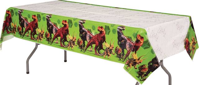 Jurassic World Dinosaur Rectangle Plastic Reusable Table Cover, Green, 54x96-in, for Birthday Party Front_Three_Fourths_Angled_Left