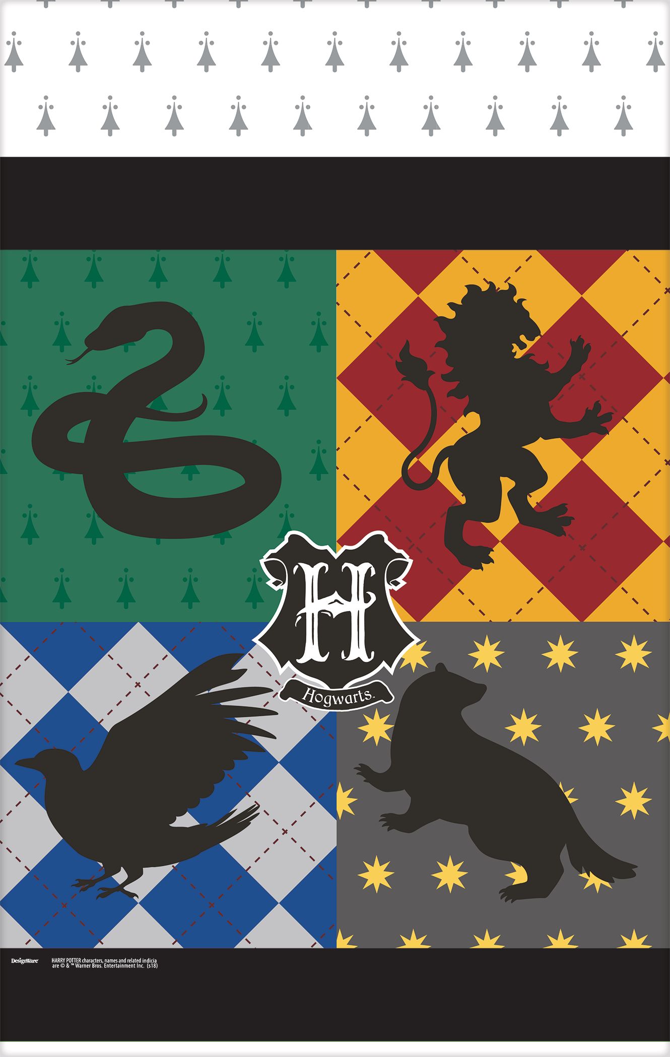 Harry Potter Rectangle Plastic Reusable Table Cover, Green/Yellow/Red/Blue, 54x96-in, for Birthday Party Overhead_Flat