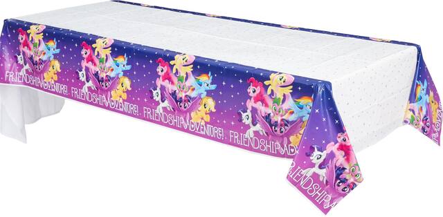My Little Pony "Friendship Adventure" Rectangle Plastic Reusable Table Cover, Blue/Purple, 54x96-in, for Birthday Party Front_Angled_Left
