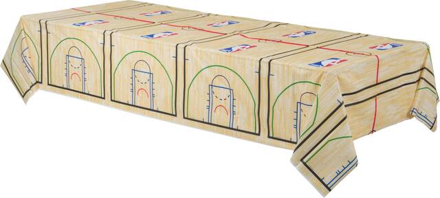 National Basketball League MBA Rectangle Plastic Reusable Table Cover, Orange, Basketball Court, 54x102-in, for Sports Party Front_Angled_Left