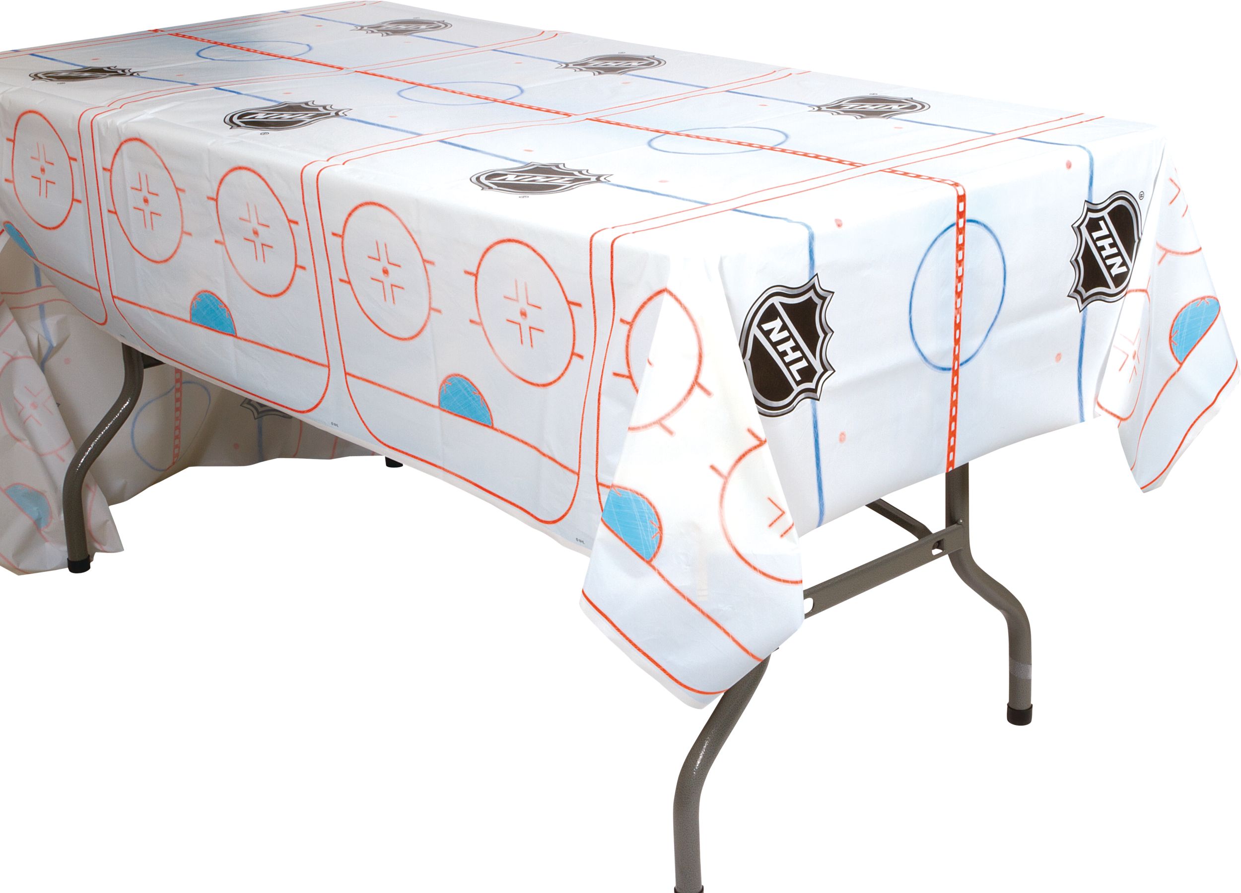 National Hockey League NHL Rectangle Plastic Reusable Table Cover, Blue/Orange, Ice Rink, 54x102-in, for Sports Party Front_Angled_Left