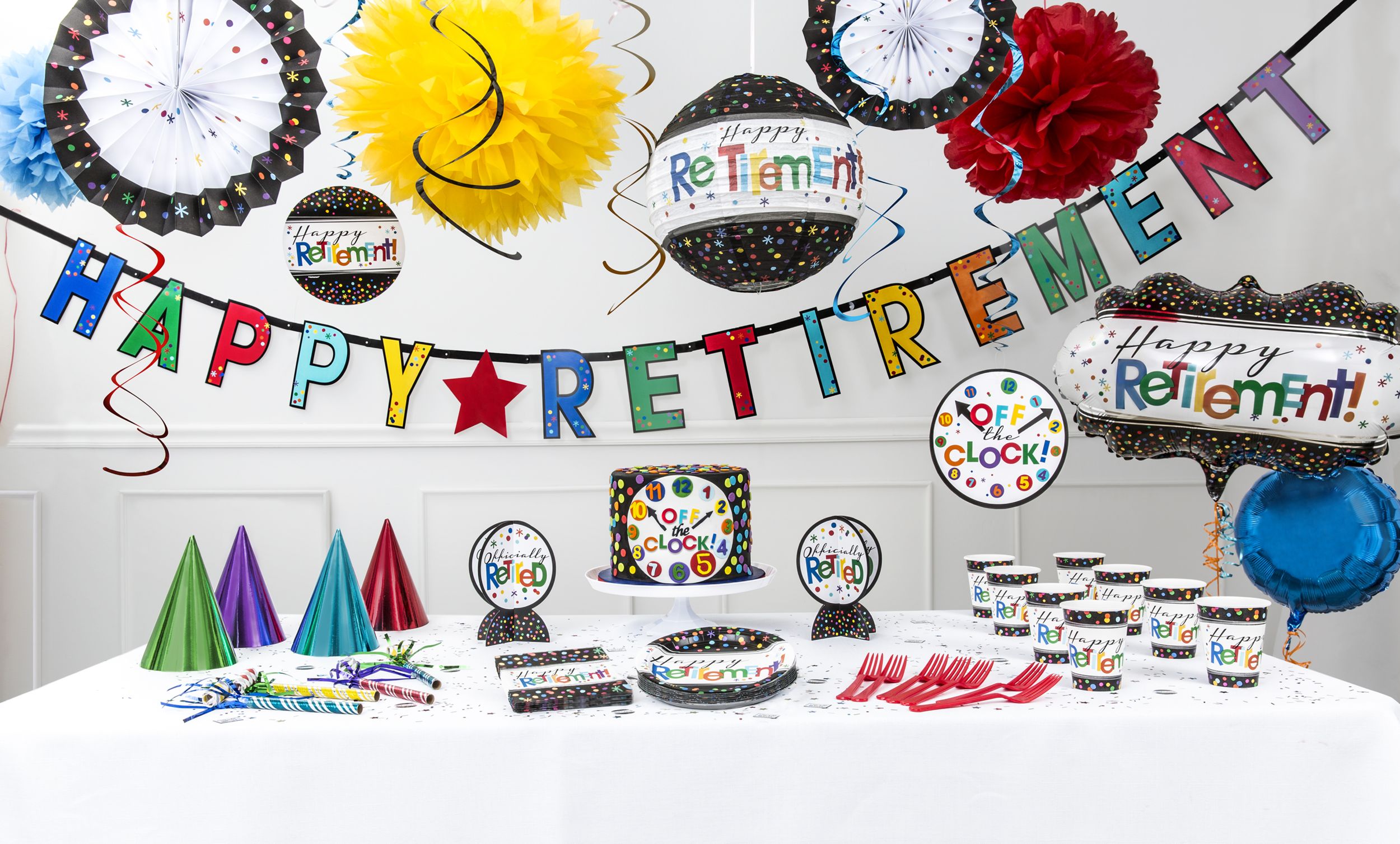 "Happy Retirement" Round Paper Disposable Dinner Plates, Black/Multi-Coloured, Polka Dot, 10.5-in, 8-pk, for Retirement Party Composite_or_Mixed