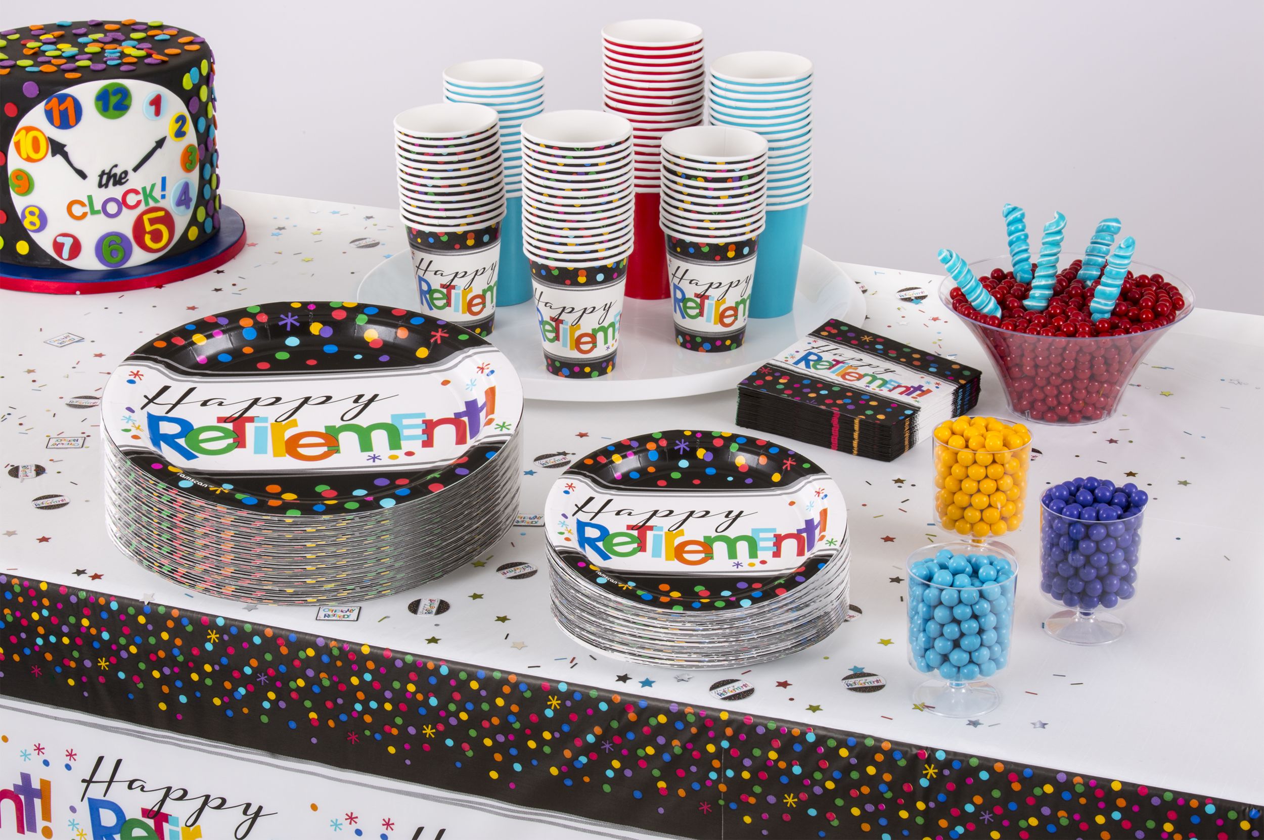 "Happy Retirement" Round Paper Disposable Dinner Plates, Black/Multi-Coloured, Polka Dot, 10.5-in, 8-pk, for Retirement Party Composite_or_Mixed