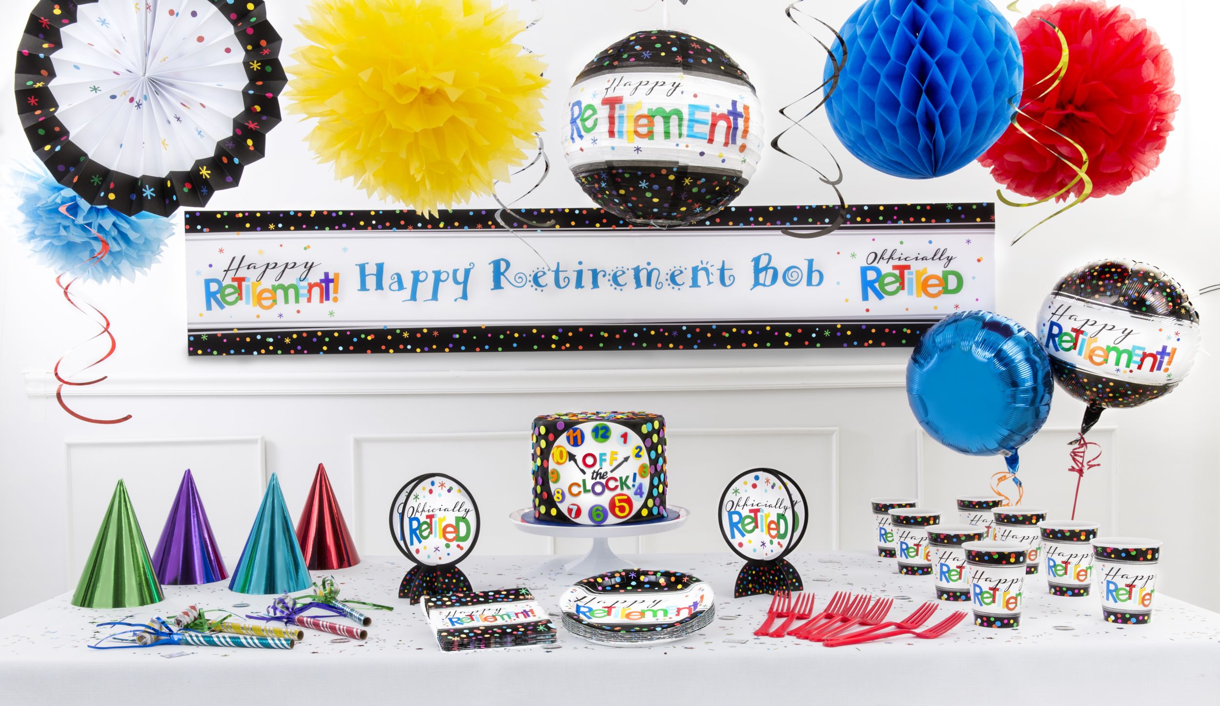 "Happy Retirement" Round Paper Disposable Dinner Plates, Black/Multi-Coloured, Polka Dot, 10.5-in, 8-pk, for Retirement Party Composite_or_Mixed