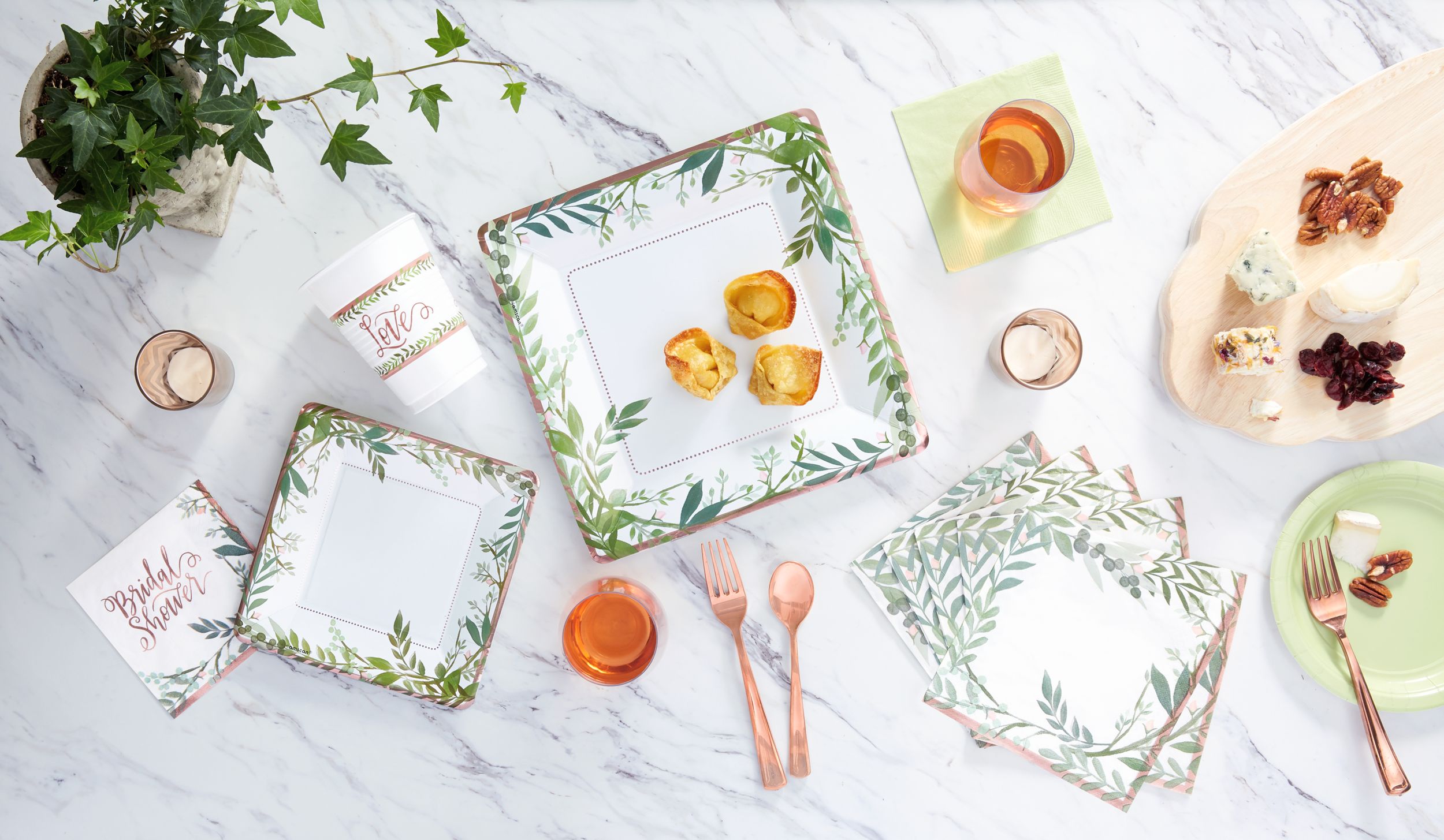 Love & Leaves Square Paper Disposable Dinner Plates, White/Green, Floral Greenery, 10-in, 8-pk, for Bachelorette/Engagement/Bridal Shower Overhead_Flat