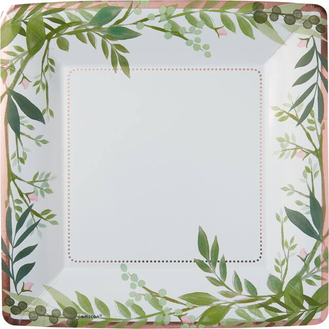 Love & Leaves Square Paper Disposable Dinner Plates, White/Green, Floral Greenery, 10-in, 8-pk, for Bachelorette/Engagement/Bridal Shower Overhead_Flat