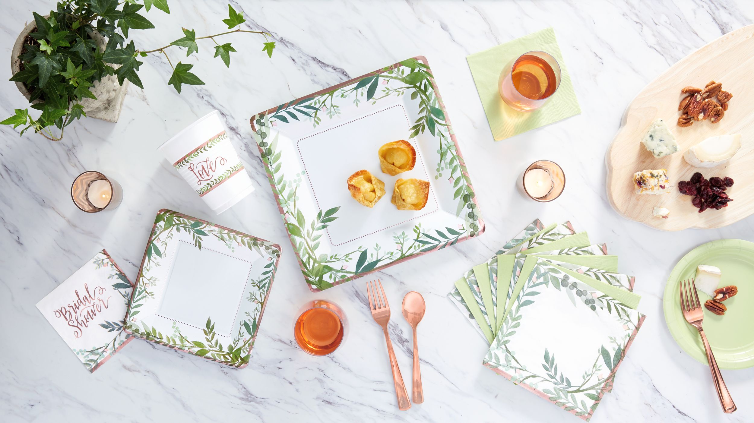 Love & Leaves Square Paper Disposable Dinner Plates, White/Green, Floral Greenery, 10-in, 8-pk, for Bachelorette/Engagement/Bridal Shower Overhead_Flat