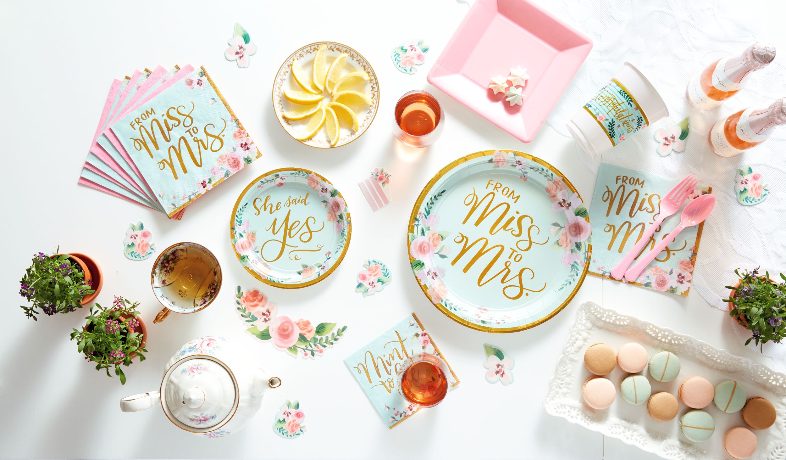 Mint To Be "From Miss to Mrs." Round Paper Disposable Dinner Plates, Mint/Gold, 10.5-in, 8-pk, for Wedding/Bachelorrette/Engagement/Bridal Shower Overhead_Plunge