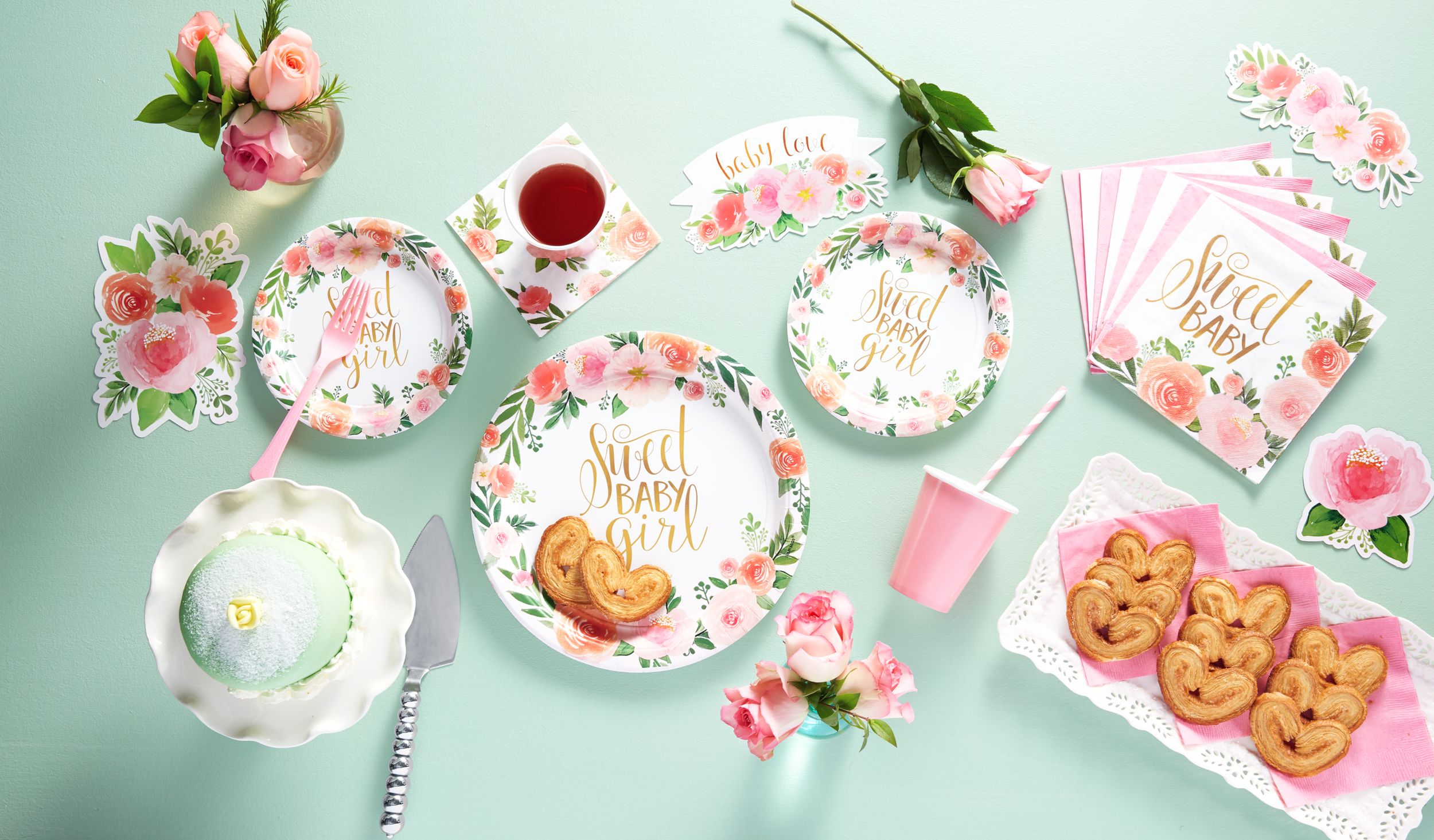 Floral Baby "Sweet Baby Girl" Round Paper Disposable Dinner Plates, White/Pink/Green, Floral, 10.5-in, 8-pk, for Baby Shower Overhead_Plunge