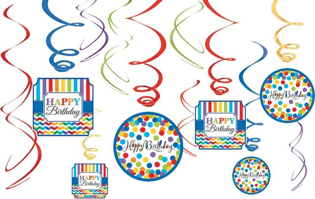 Rainbow Dot & Chevron Birthday Swirl Decorations, 12-pc Front_Flat