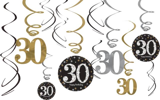 Sparkling Celebration "30 Happy Birthday" Swirl Hanging Decorations, Gold/Silver/Black, Polka Dot, 10-in, 12-pk, for Birthday Party Front_Flat