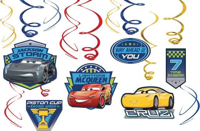Décorations en spirales faciles à suspendre pour fête d'anniversaire, Disney Les bagnoles 3, paq. 12 Front_Flat