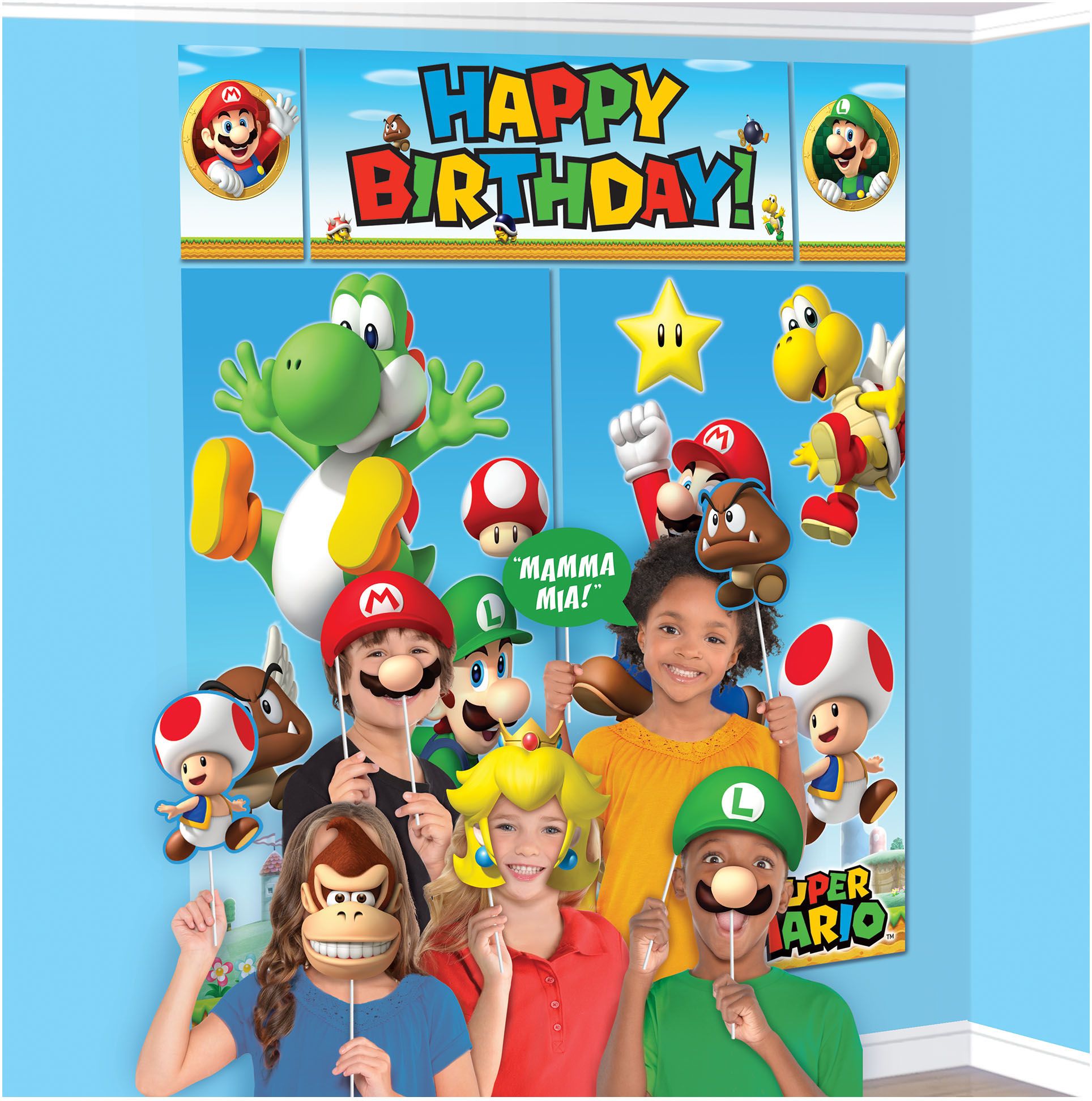 Super Mario Scene Setter with Photo Booth Props Birthday Decoration, 13-pc Composite_or_Mixed