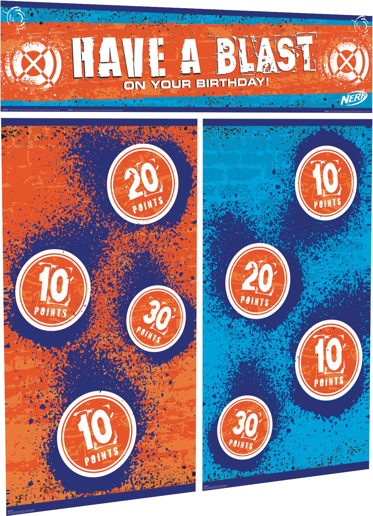 Nerf "Have a Blast on Your Birthday" Plastic Scene Setter Background Decoration, Orange/Blue, 75-in, 5-pk, for Birthday Party Front_Angled_Right