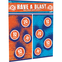 Nerf "Have a Blast on Your Birthday" Plastic Scene Setter Background Decoration, Orange/Blue, 75-in, 5-pk, for Birthday Party Front_Angled_Right