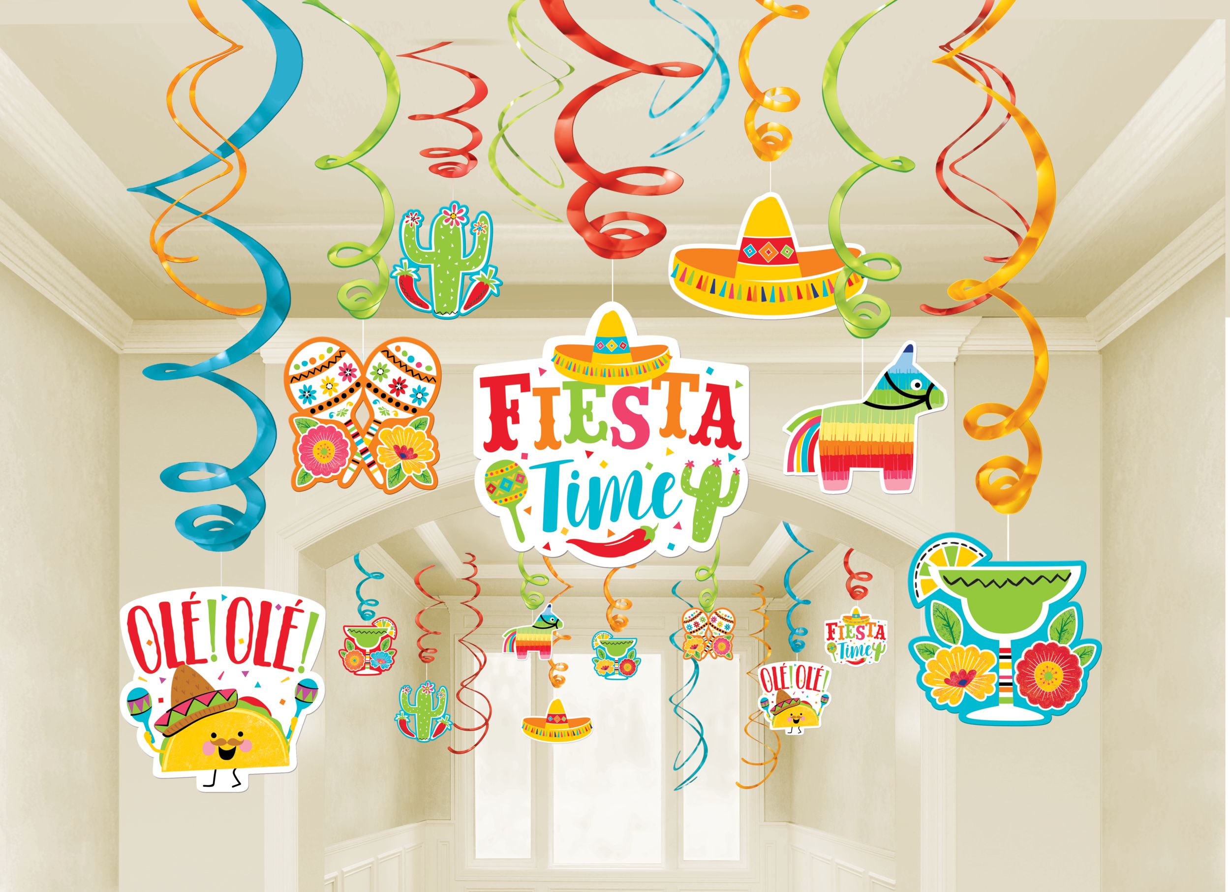 Fiesta "Fiesta Time" Swirl Hanging Decorations, Orange/Blue, 12.5-in, 30-pk, for Cinco de Mayo/Fiesta/Summer Party Front_Flat