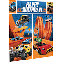 Mattel Hot Wheels "Happy Birthday" Plastic Frame Scene Setter Background Decoration, Orange/Blue, 75-in, 5-pk, for Birthday Party Front_Angled_Right