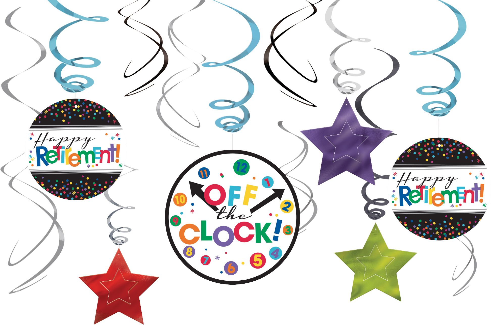 "Happy Retirement" Swirl Hanging Decorations, Multi-Coloured, Polka Dot, 10-in, 12-pk, for Retirement Party Front_Flat