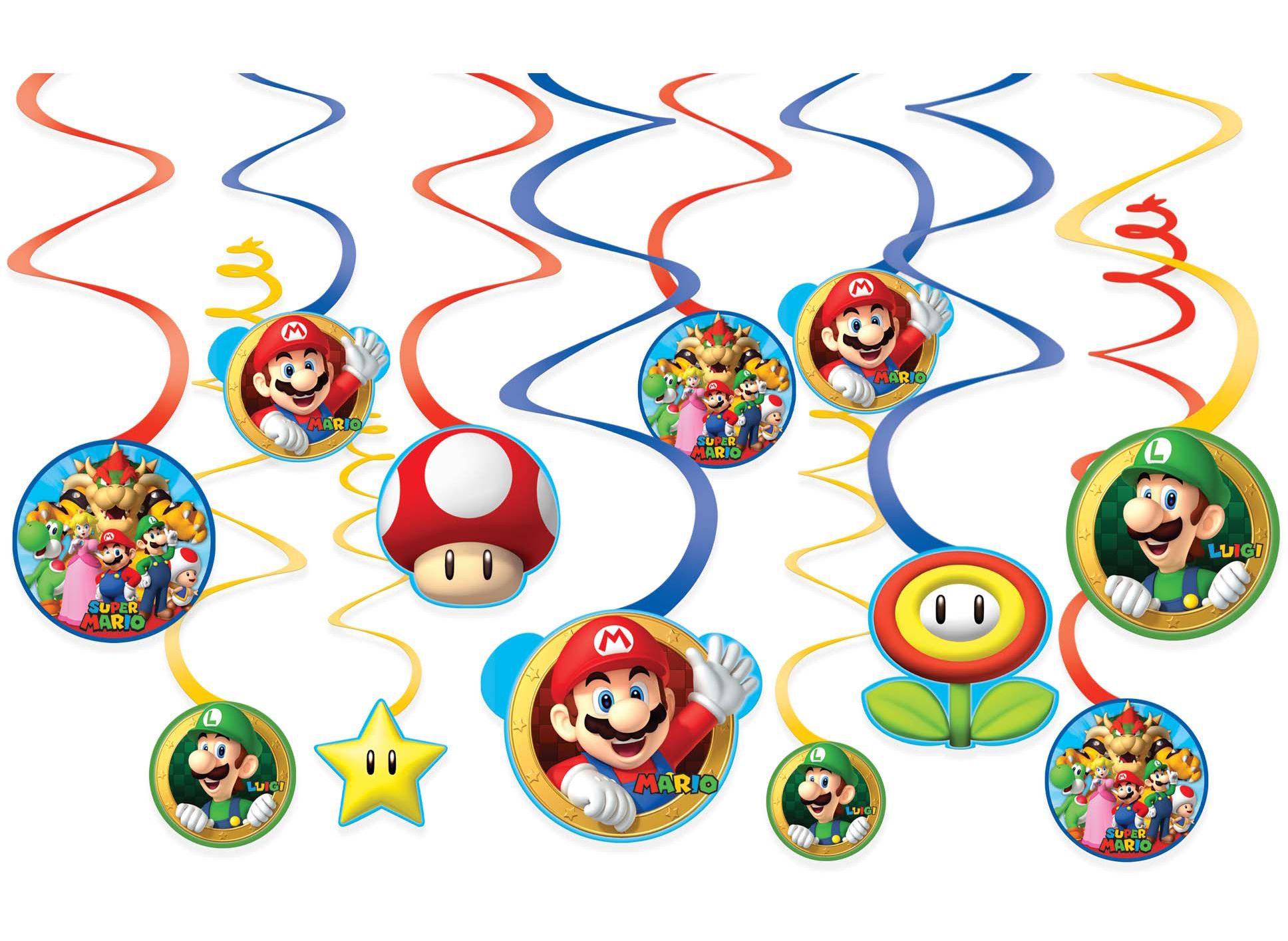 Nintendo Super Mario Bros Swirl Hanging Decorations, Red/Blue/Green, 10-in, 12-pk, for Birthday Party Front_Flat