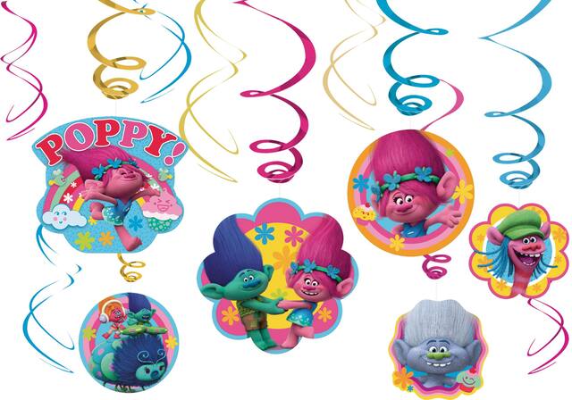 Décorations en spirales faciles à suspendre pour fête d'anniversaire Trolls paq. 12 Front_Flat